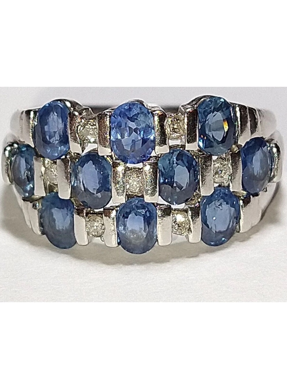 Platinum Blue Sapphire & Diamond Multi-Row Ring - Picture 4 of 11